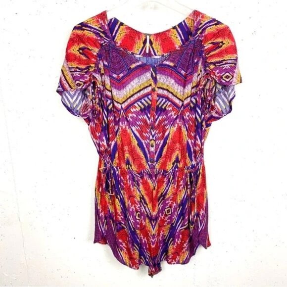 Free People Dream All Night Romper Lilac Multi V-Neck Dolphin Hem Cinched XS - Picture 2 of 9